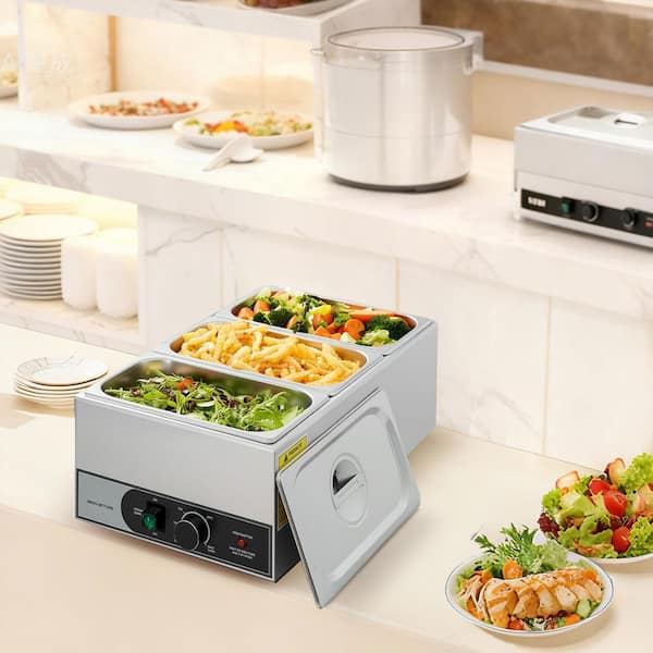 1200W Stainless Steel Bain Marie with 3 1/3 Size Pans, Fast-Heating Commercial Food Warmer for Catering, Restaurants