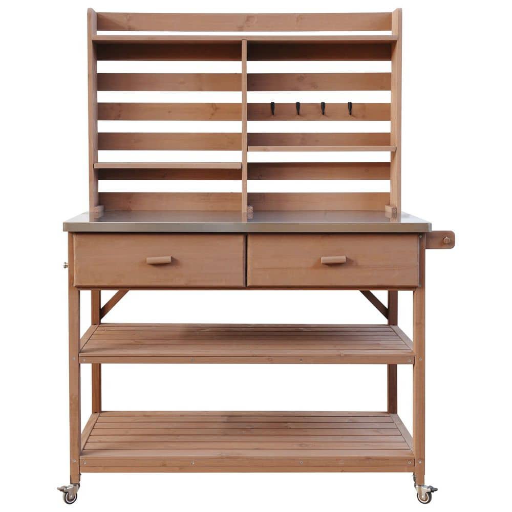 64.9 in. Brown Solid Wood Outdoor Potting Bench Table with Lockable Wheels and Stainless Steel Top Towel Rack price history on PriceWatchPro