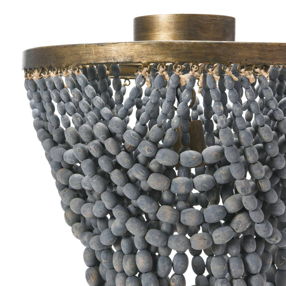 Gold and Grey Wood Bead Semi-Flush Mount Ceiling Light