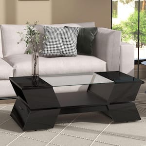 44.8 in. Black Geometric Style Rectangle Glass Top Coffee Table with Open Shelves and Cabinets, Modernist Cocktail Table