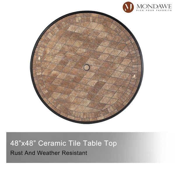 Patio Round Aluminum Outdoor Dining Table Ceramic Tile Top Accent Table with Umbrella Hole