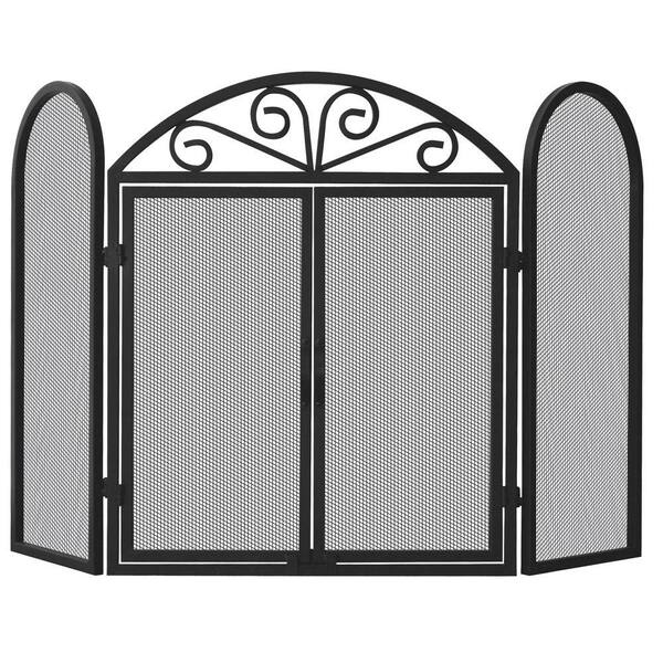 UniFlame Black Wrought Iron 52 in. W 3-Panel Fireplace Screen with Opening Doors and Arch Top Scrollwork