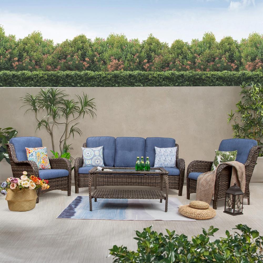 JOYSIDE 4-Piece Wicker Outdoor Patio Seating Set Sectional Sofa with Blue Cushions and Table - 1