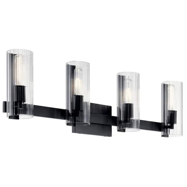 KICHLER Jemsa 32 in. 4-Light Black Soft Modern Bathroom Vanity Light with Clear Fluted Glass