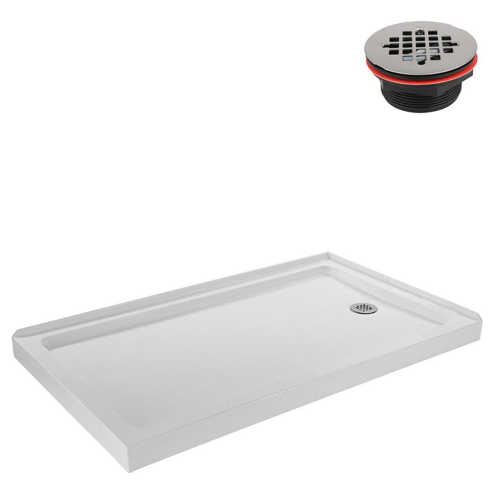 Glossy White Rectangular Acrylic Shower Base with Round Drain