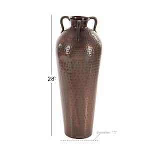 28 in. Brown Tall Floor Mediterranean Style Metal Decorative Vase with Hammered Details and Handles