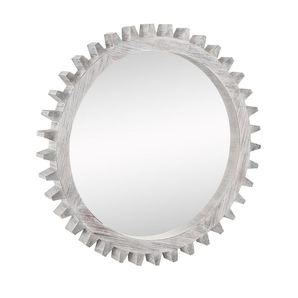 Unbranded Vintage 26 in. W x 26 in. H Antique White Washed Wood Round Hanging Gear Shape Heavy Decorative Mirror
