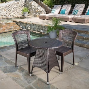 Julius Multi-Brown 3-Piece Faux Rattan Round Outdoor Dining Set with Stacking Chairs