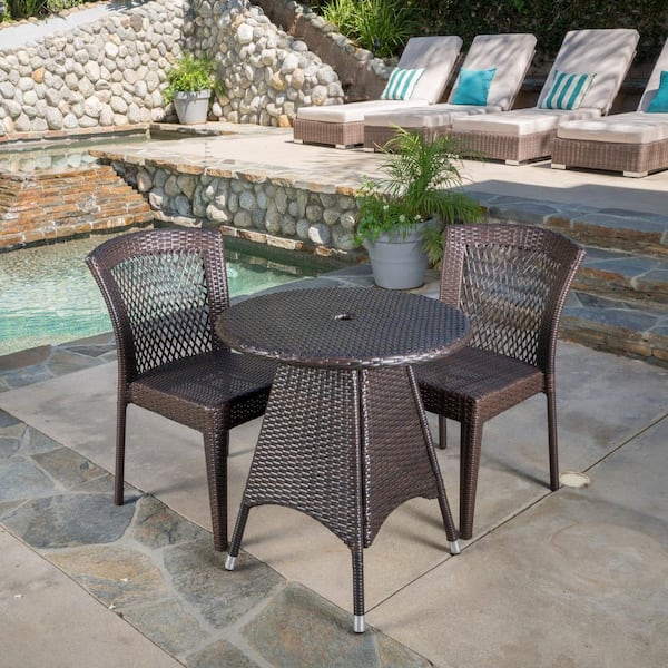 Noble House Julius Multi-Brown 3-Piece Faux Rattan Round Outdoor Dining Set with Stacking Chairs
