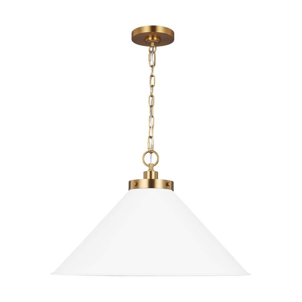 Matte White and Burnished Brass Cone Pendant Light