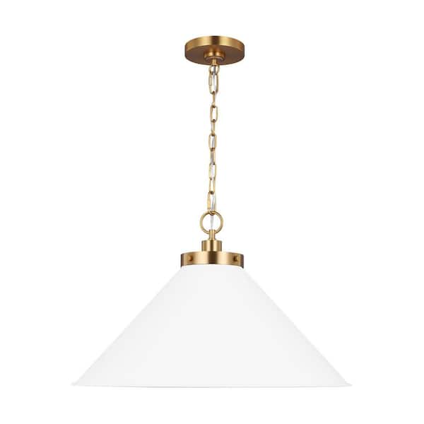Generation Lighting Wellfleet 23.5 in. W x 15.375 in. H 1-Light Matte White/Burnished Brass Wide Cone Pendant Light with Steel Shade