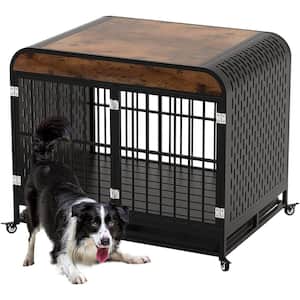 40.6 in. L x 29.5 in. W x 34.2 in. H Heavy-Duty Dog Kennel with Removable Trays and Lockable Wheels, Rustic Brown