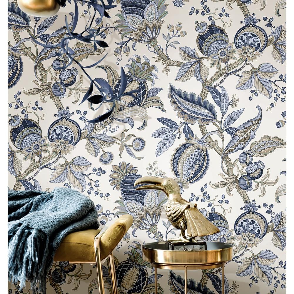 Cottage Chic Blue Damask Floral Non-Pasted Wallpaper Roll