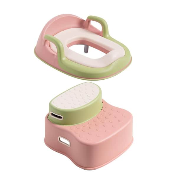 Toddler Potty Seat and Step Stool Elongated Toddler Toilet Seat in Pink with Backrest Soft PU Cushion and Anti-Splash