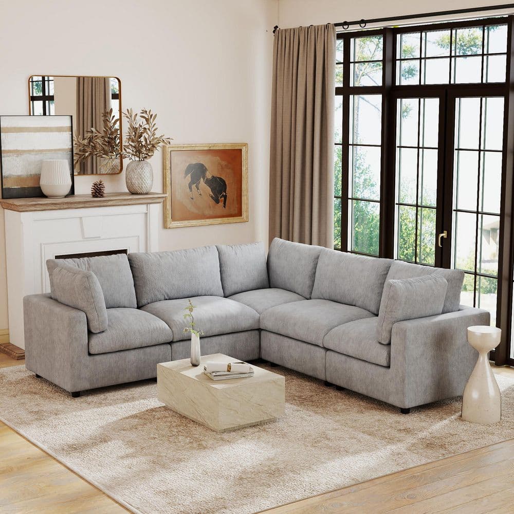 5-Piece Gray Modular Sectional Sofa Chenille Free Combination Living Room Set with Removable Covers