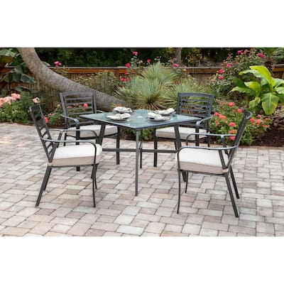 Pemberton 5-Piece Commercial-Grade Aluminum Outdoor Bistro Set with Ash Cushions, 4-Dining Chairs and Glass-Top Table