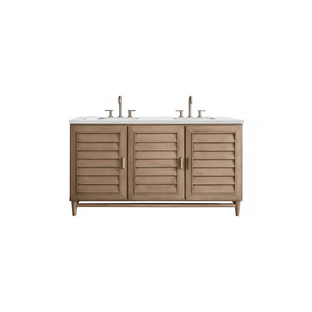 James Martin Vanities Portland 60.0 in. W x 23.5 in. D x 34.3 in. H Bathroom Vanity in Whitewashed Walnut with Ethereal Noctis Quartz Top -  620-V60D-WW-3ENC