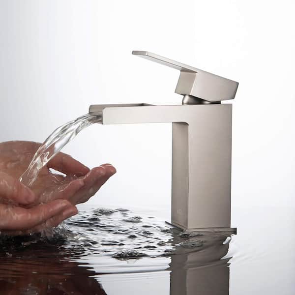 Single Hole Waterfall Single Handle Bathroom Vanity Sink Faucet with Pop Up Drain in Brushed Nickel