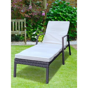 Brown Wicker Patio Outdoor Chaise Lounge with Beige Cushions