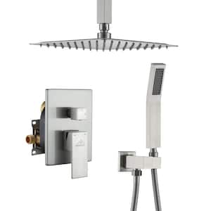 1-Spray 2-Function with 2.5 GPM 10 in. Dual Square Ceiling Mount Shower Heads with Handheld Shower in Brushed Nickel
