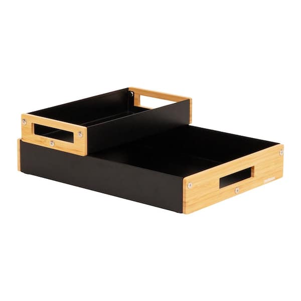 Metal and Wood Tiered Desktop Organizer Trays with Cutout Handles, Stackable Office Storage, Set of 2, Black