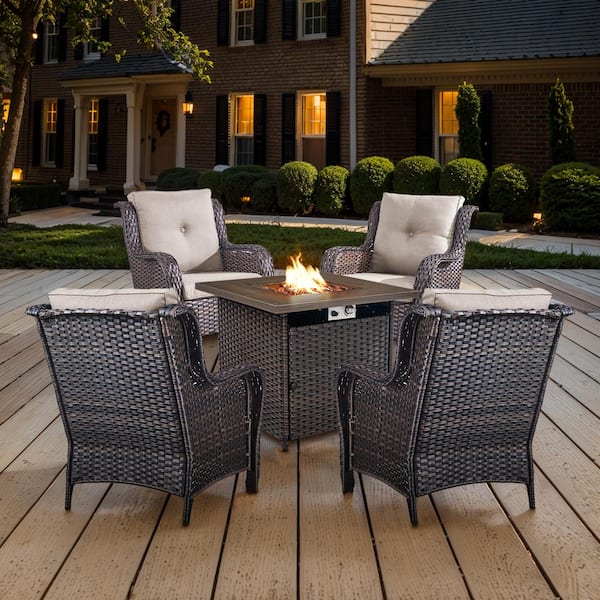 Opohoro Brown 5-Piece Wicker Patio Fire Pit Set, Outdoor 4-Person Seating Set with Olefin Beige Cushions and Armchairs