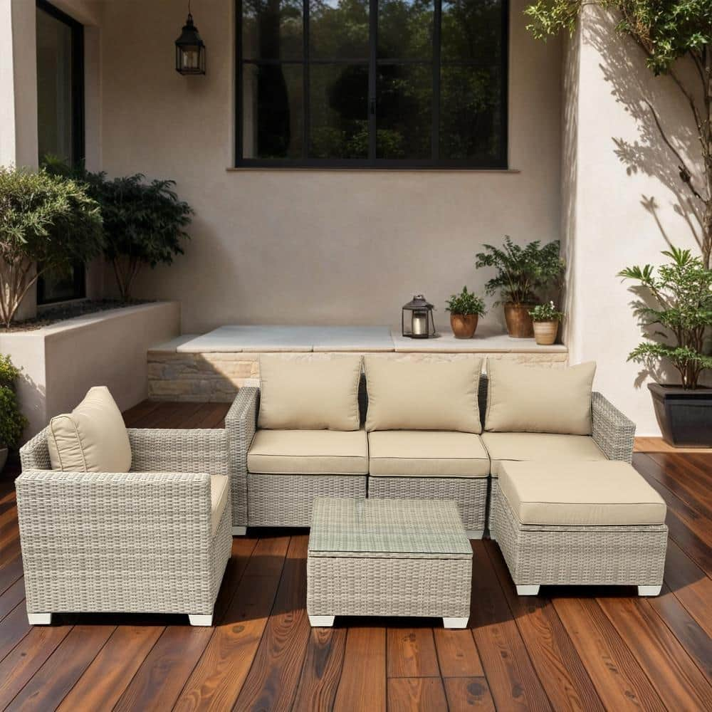 6-pieces Gray Wicker Outdoor Sectional Set With Kihaki Cushions And 