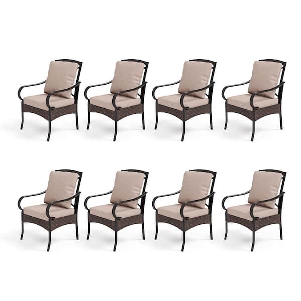 PHI VILLA Metal Frame Patio Dining Chair with Beige Thick Cushions (8-Pack)