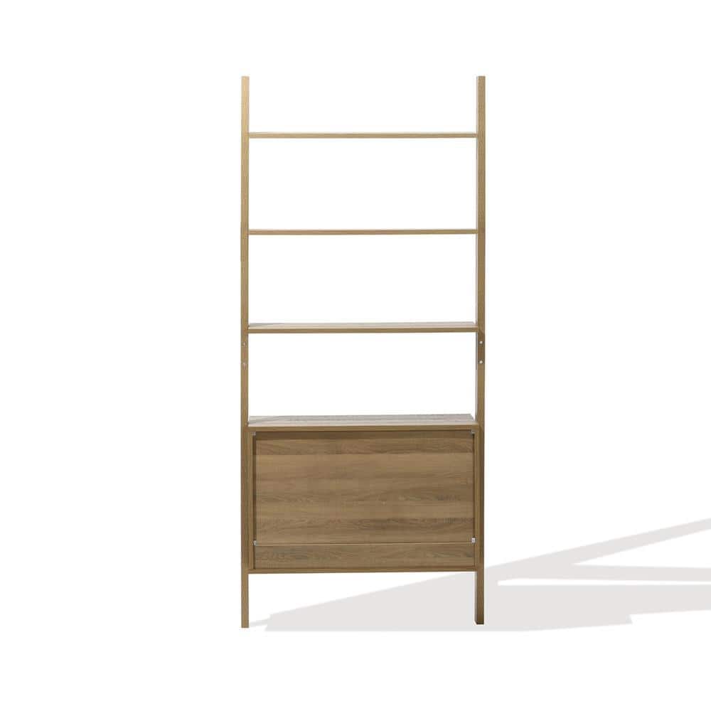 Brown Pine Wood Ladder Bookcase with Woven Rope Doors