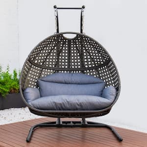 Hanging Double-Seat Patio Swing Chair with Stand and Dust Blue Cushion