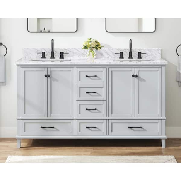 Merryfield 61 in. Double Sink Dove Grey Bath Vanity with White Carrara Marble Top (Assembled)