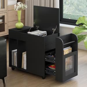 Movable 29.1 in. Black Rectangle Wood End Table Side Table with Tempered Glass Door, 2-Shelves, 2-Drawers, Flip-Top Box