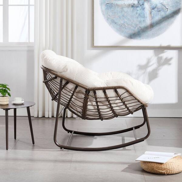 ゴン Wicker Outdoor Rocking Chair with White Cushion, Rattan Papasan