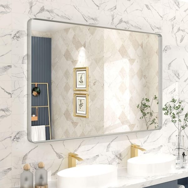 Apmir 48 in. W x 32 in. H Rectangular Aluminum Alloy Framed and Tempered Glass Wall Bathroom Vanity Mirror in Brushed Silver