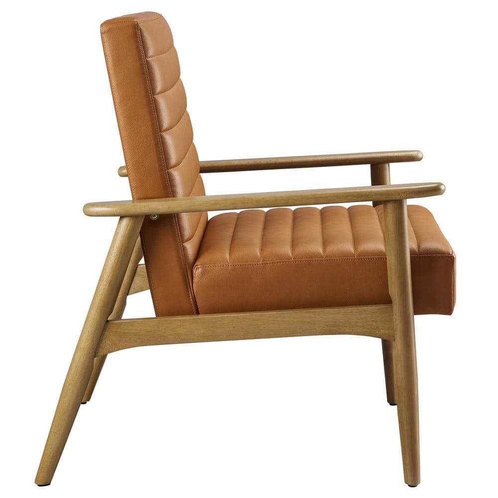 French Oak Tan Faux Leather Barrel Accent Chair with Wood Frame