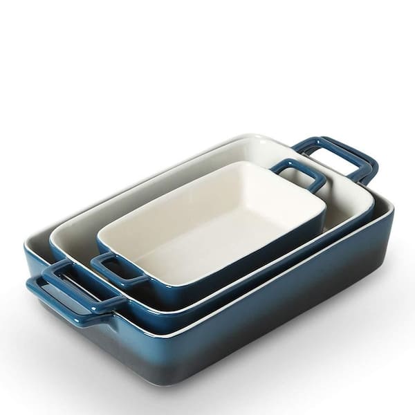 3-Piece 12 in. x 8.5 in. Rectangular Blue Ceramic Baking Casserole Dish Set, Long Lasting Color and Scratch Resistant
