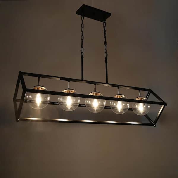 41.5 in. 5-Light Industrial Black Linear Chandelier with Clear Glass, Island Pendant Light for Dining Room, Kitchen