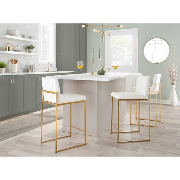 LumiSource Fuji High Back 26 in. White Velvet and Gold Metal Counter Stool (Set of 3)