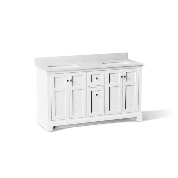 Baskin 60 in. Double Sink White Bath Vanity with Bianco Bella Quartz Top