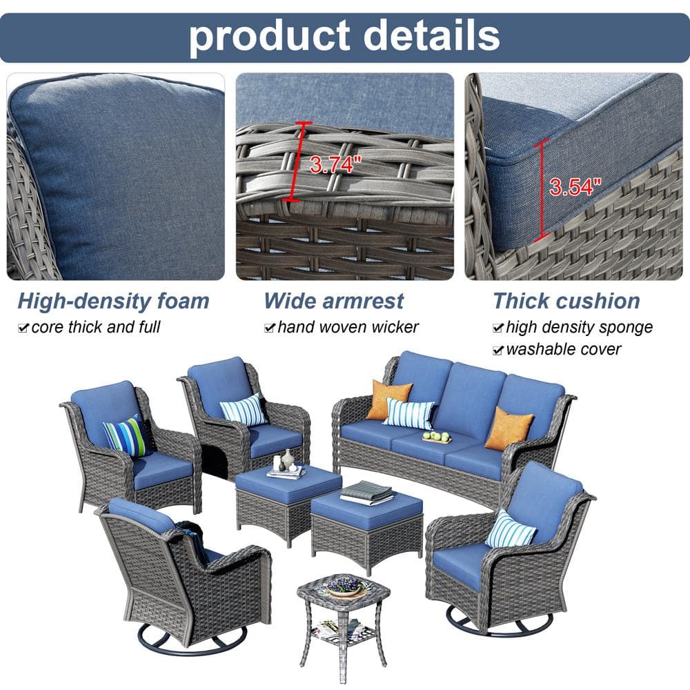 Orlando 8-Piece Denim Blue Cushioned Wicker Patio Sofa Set