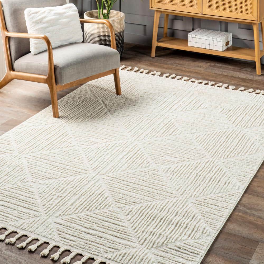 Cream Geometric Textured Synthetic Area Rug with Tassels, 7x9