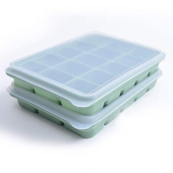 Bamboo Green Square Silicone Ice Cube Tray Set of 2 Food-Grade Flexible Mold with Lids for Kitchen Freezer