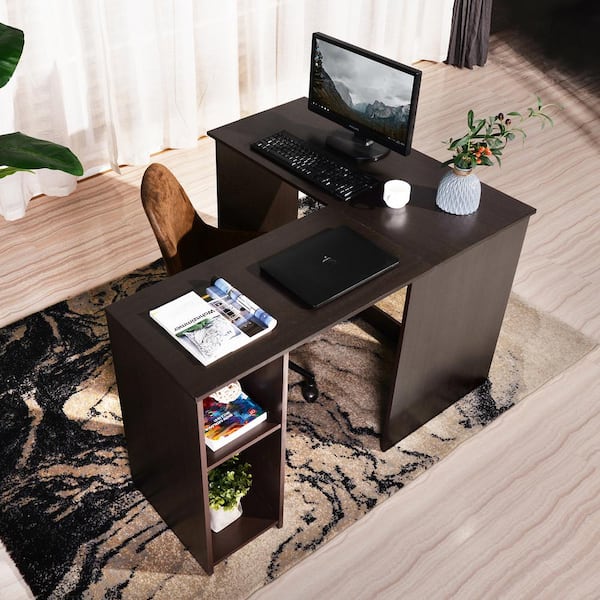 Homy Casa Babette 47.2 in. L-Shape Dark Brown Wood Computer Desk With Open Storage Shelf