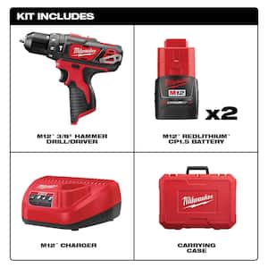 M12 12V Lithium-Ion Cordless 3/8 in. Hammer Drill/Driver Kit with Two 1.5 Ah Batteries and Hard Case