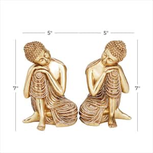 Gold Polystone Meditating Buddha Sculpture with Engraved Carvings and Relief Detailing (Set of 2)