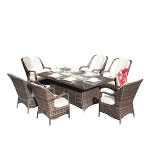 Jade 70 in. x 39 in. x 27 in. H Brown Rectangular Wicker Outdoor Gas Fire Pits Table with 6-Chairs