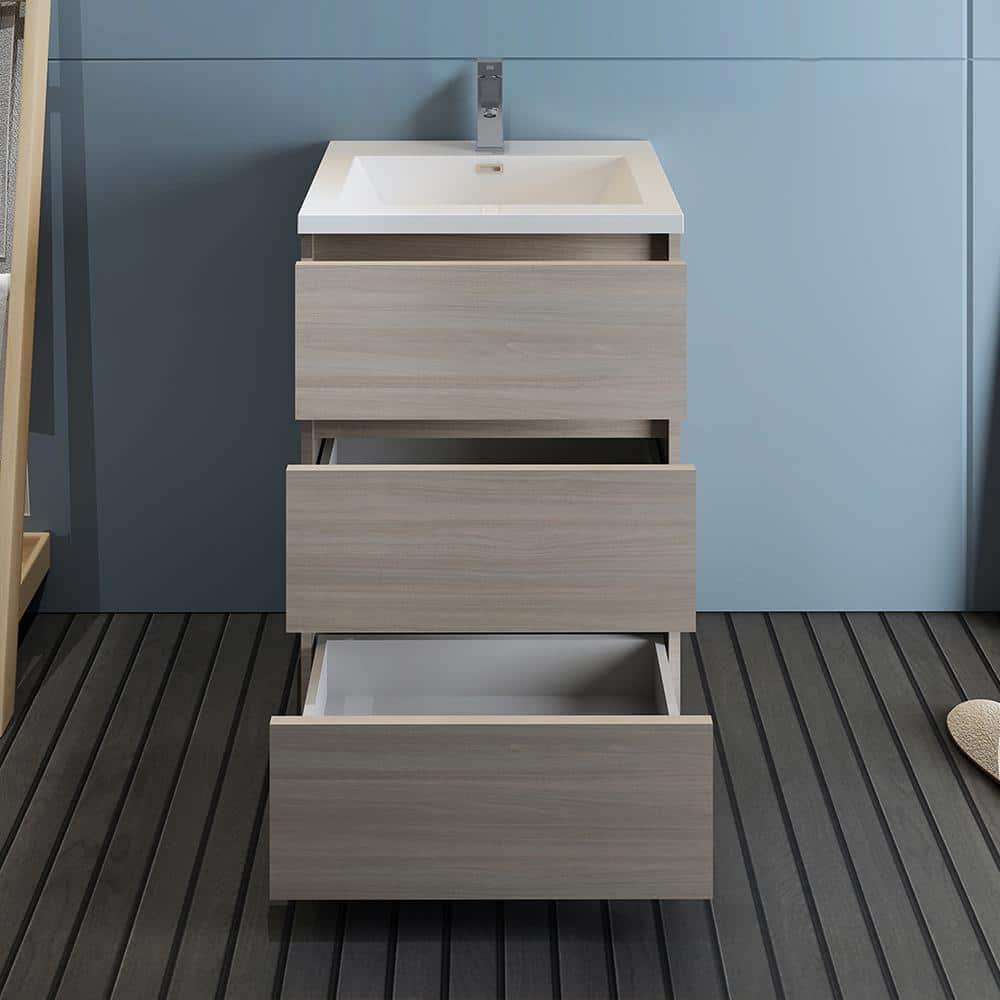 Gray Wood 24" Freestanding Bathroom Vanity with White Acrylic Top