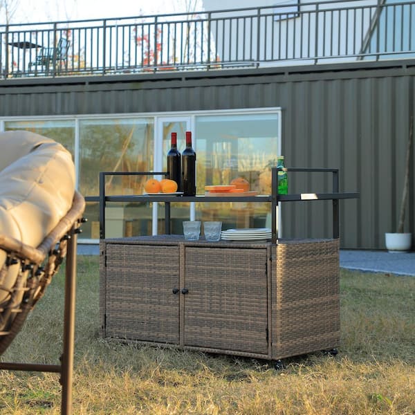 Tunearary Outdoor Patio Wheeled Portable Light Brown Wicker Bar Cart with Glass Top
