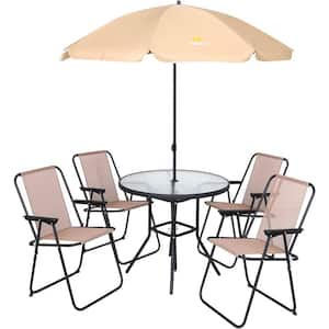 6-Piece Outdoor Dining Sets, Patio Furniture Set, Tilted Removable Umbrella, Glass Table and 4 Folding Chairs