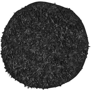 Leather Shag Black 6 ft. x 6 ft. Round Solid Area Rug